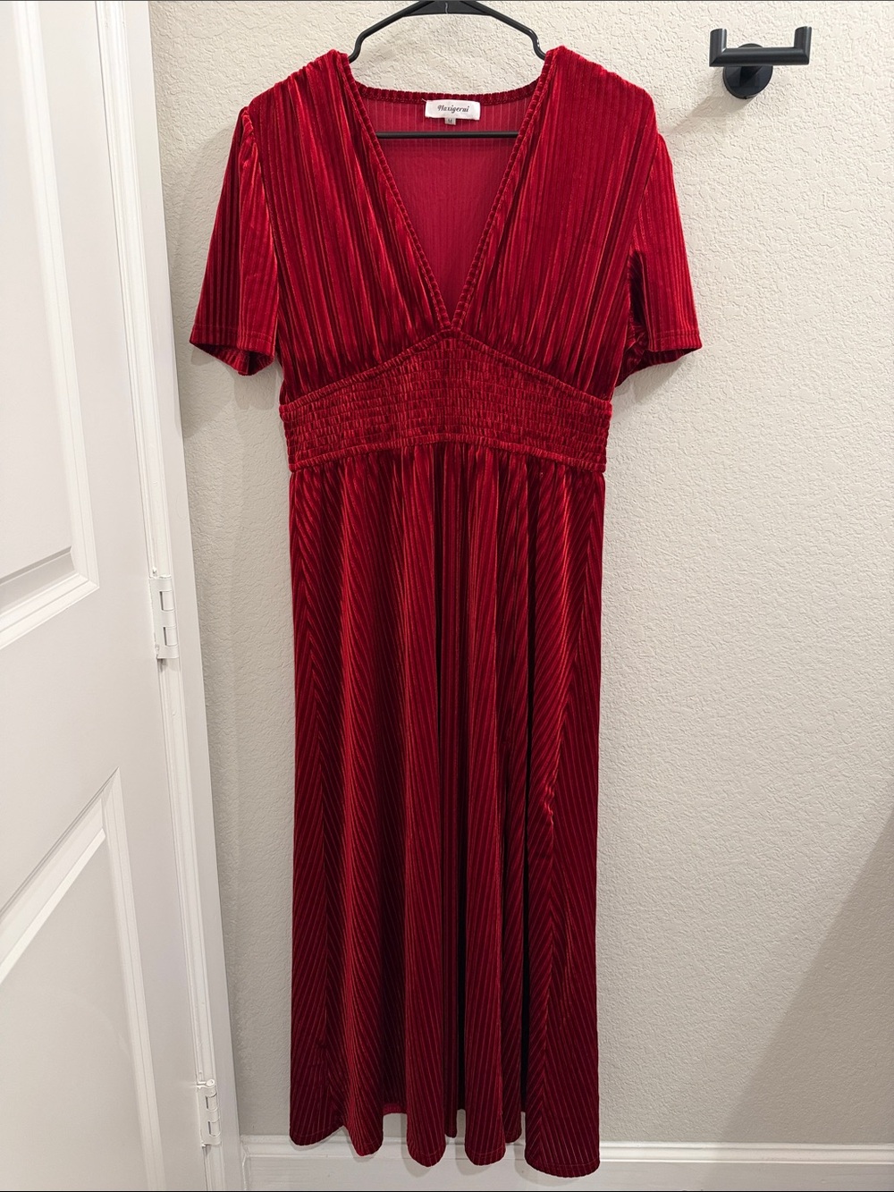 Velvet V-Neck Midi Dress in Crimson Red